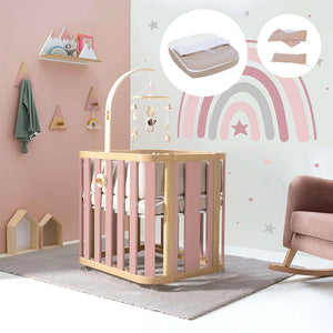 Minicuna de colecho ovalada + colchón 55x70 cm (madera/rosa) · Crea Plus Uno · Alondra