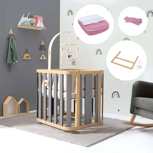 Minicuna de colecho ovalada + colchón 55x70 cm (madera/gris) · Crea Plus Uno · Petit Abú