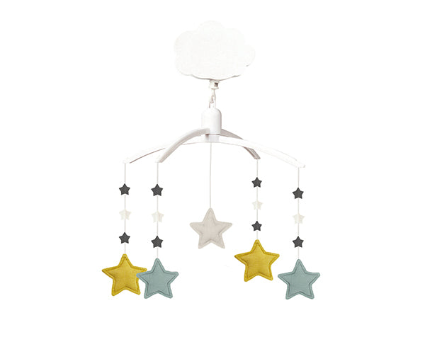 Móvil cuna musical de estrellas: verde celadón y curry Little Dutch