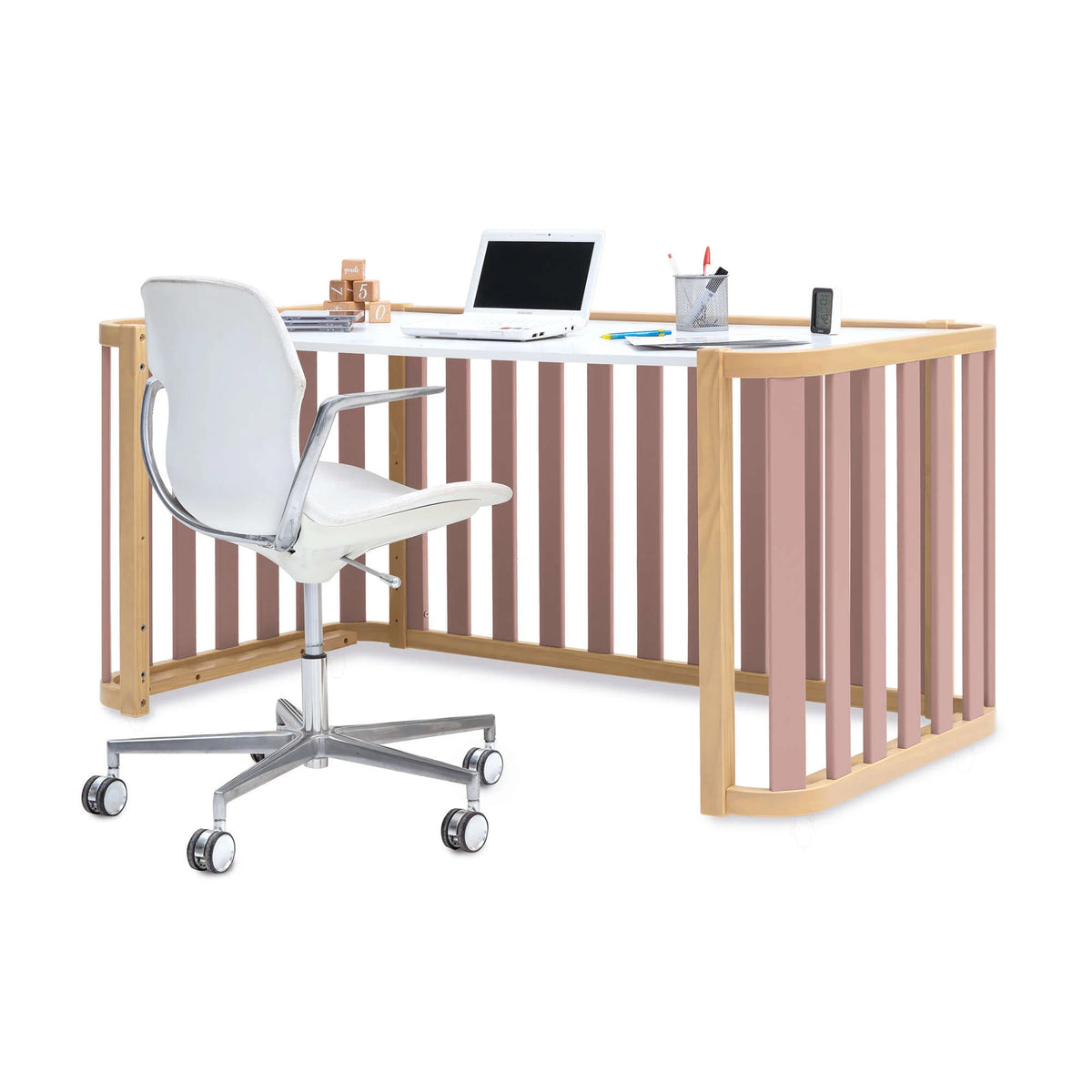 Cuna-cama-escritorio 70x140 cm (3en1) madera/rosa · Crea Plus Dos · Alondra