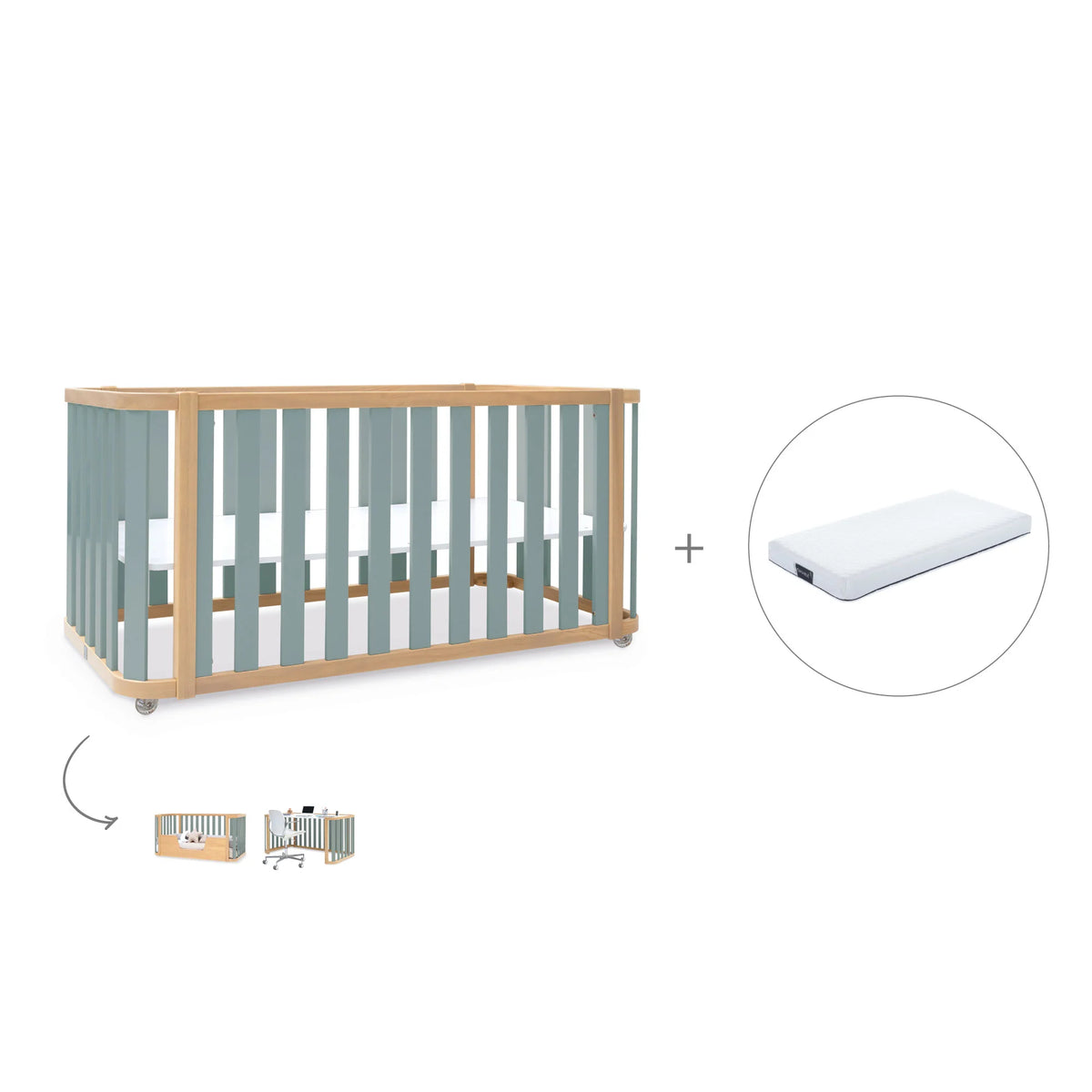 Cuna-cama-escritorio 70x140 cm (3en1) madera/verde · Crea Plus Dos · Alondra