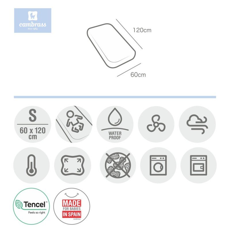 Bajera Ajustable Impermeable TENCEL® Cuna 60×120×17 cm Cambrass