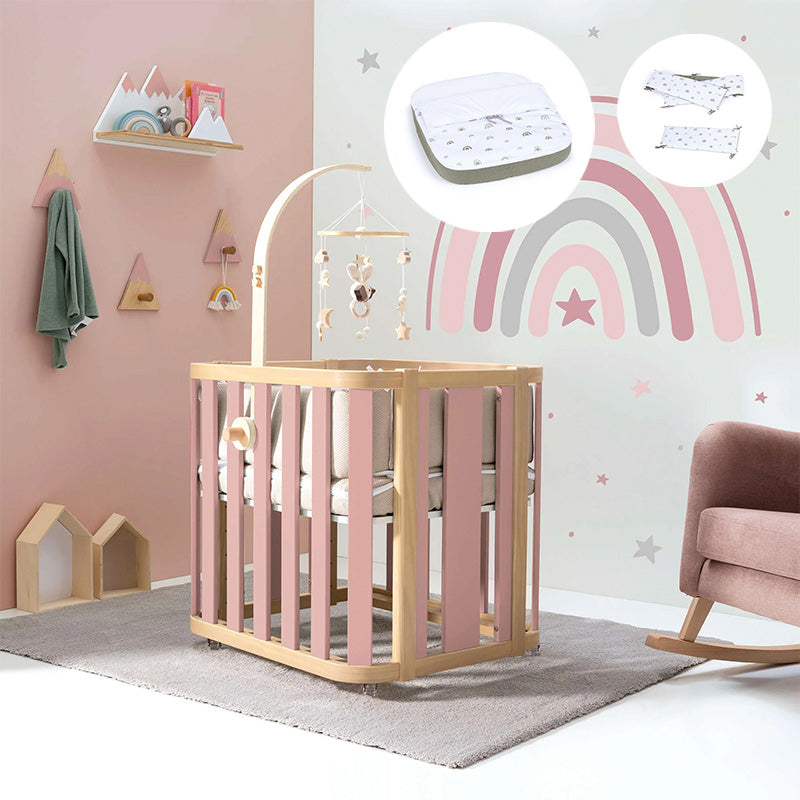 Minicuna de colecho ovalada + colchón 55x70 cm (madera/rosa) · Crea Plus Uno · Alondra
