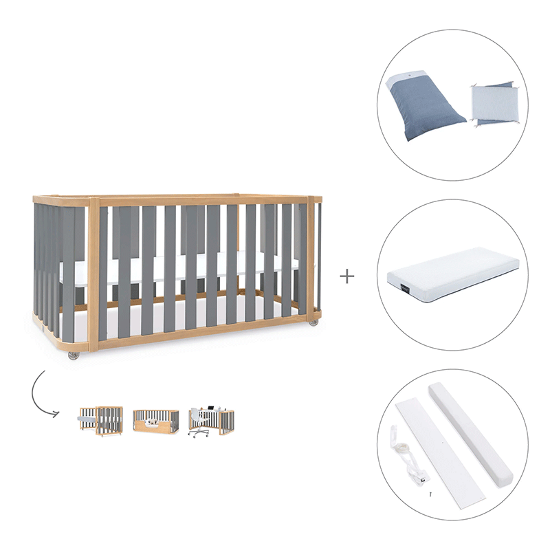 Cuna-cama-escritorio 70x140 cm (3en1) madera/gris · Crea Plus Dos · Alondra