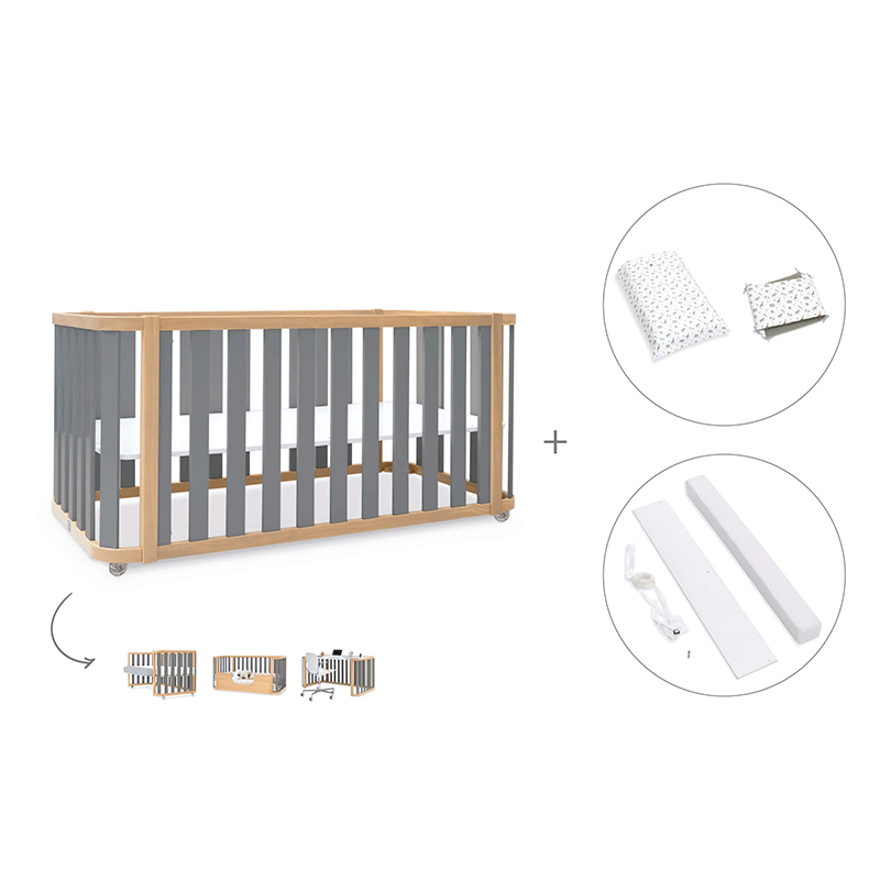 Cuna-cama-escritorio 70x140 cm (3en1) madera/gris · Crea Plus Dos · Alondra