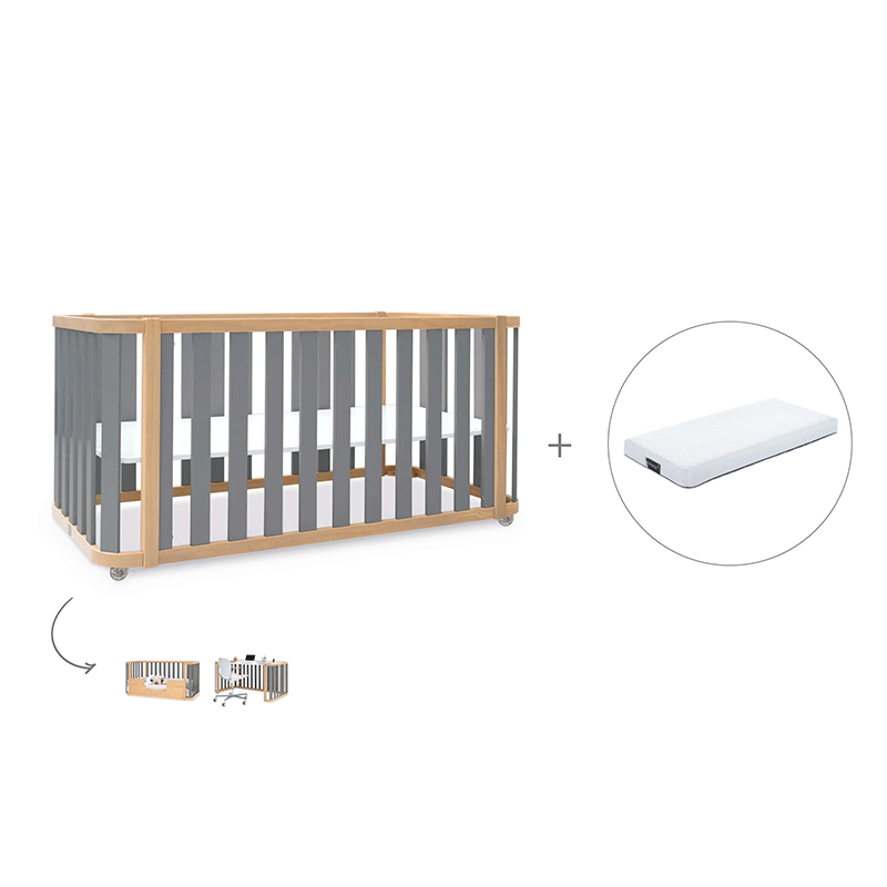 Cuna-cama-escritorio 70x140 cm (3en1) madera/gris · Crea Plus Dos · Alondra