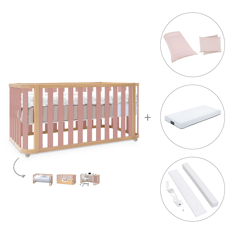 Cuna-cama-escritorio 70x140 cm (3en1) madera/rosa · Crea Plus Dos · Alondra