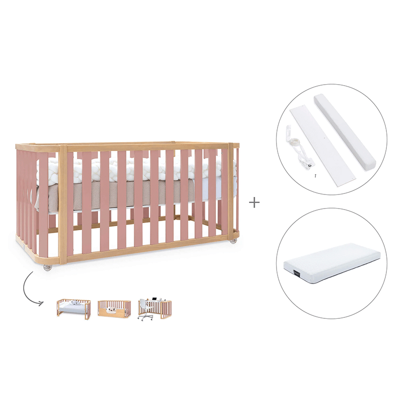 Cuna-cama-escritorio 70x140 cm (3en1) madera/rosa · Crea Plus Dos · Alondra