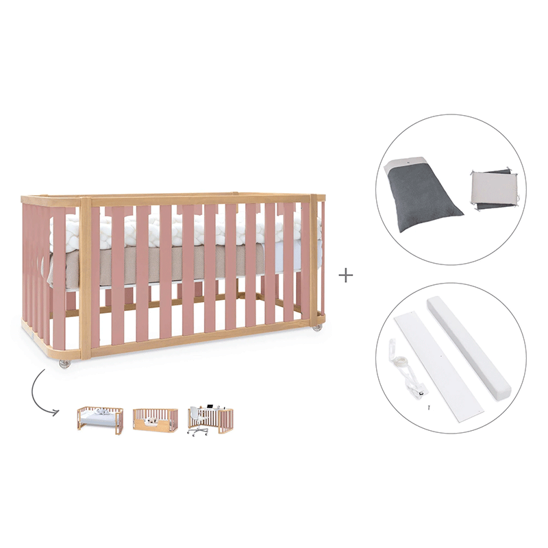 Cuna-cama-escritorio 70x140 cm (3en1) madera/rosa · Crea Plus Dos · Alondra