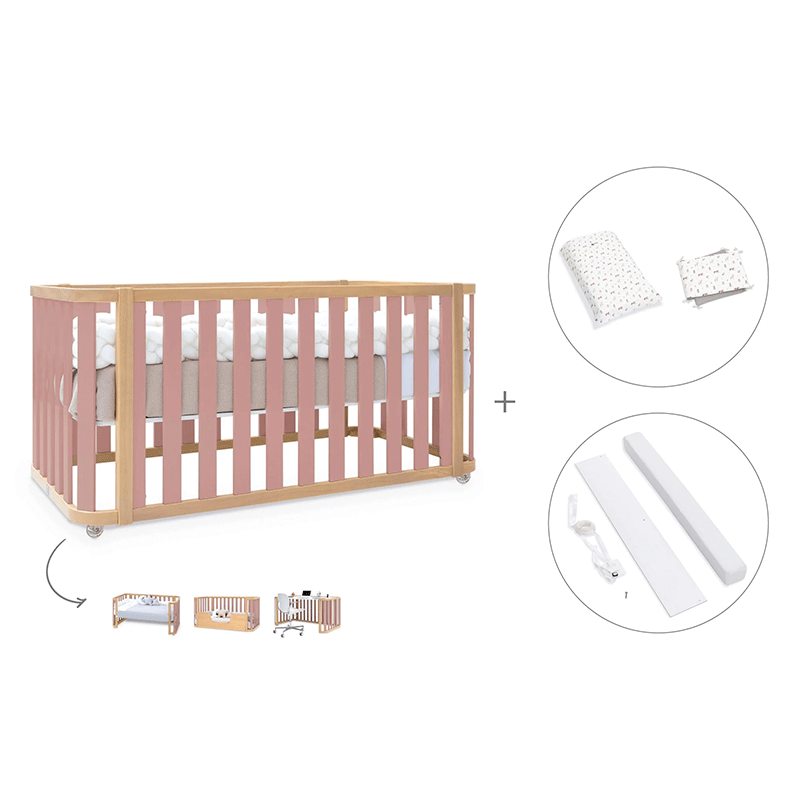 Cuna-cama-escritorio 70x140 cm (3en1) madera/rosa · Crea Plus Dos · Alondra