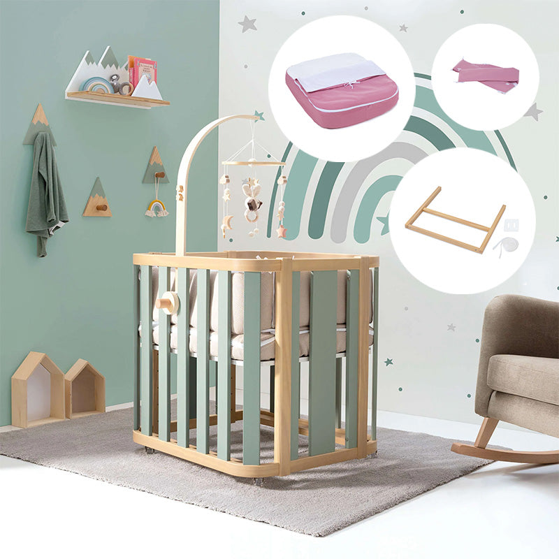 Minicuna de colecho ovalada + colchón 55x70 cm (madera/verde) · Crea Plus Uno · Alondra