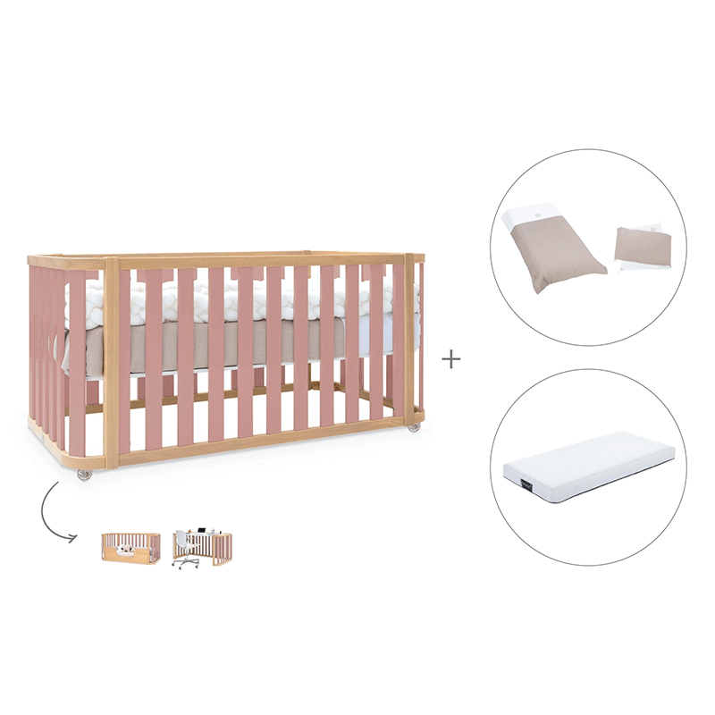 Cuna-cama-escritorio 70x140 cm (3en1) madera/rosa · Crea Plus Dos · Alondra
