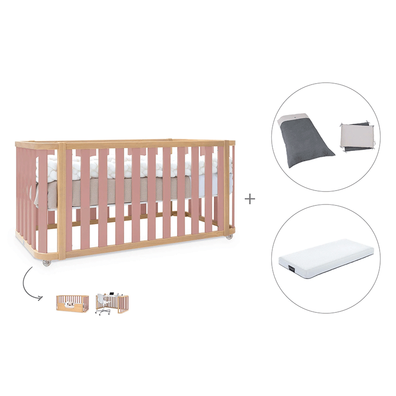 Cuna-cama-escritorio 70x140 cm (3en1) madera/rosa · Crea Plus Dos · Alondra