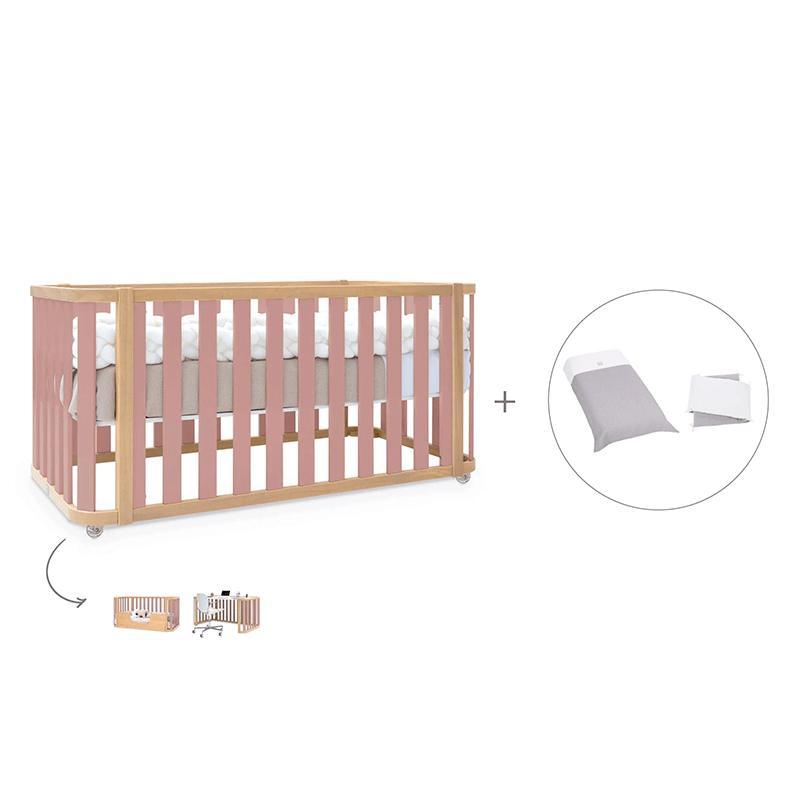Cuna-cama-escritorio 70x140 cm (3en1) madera/rosa · Crea Plus Dos · Alondra