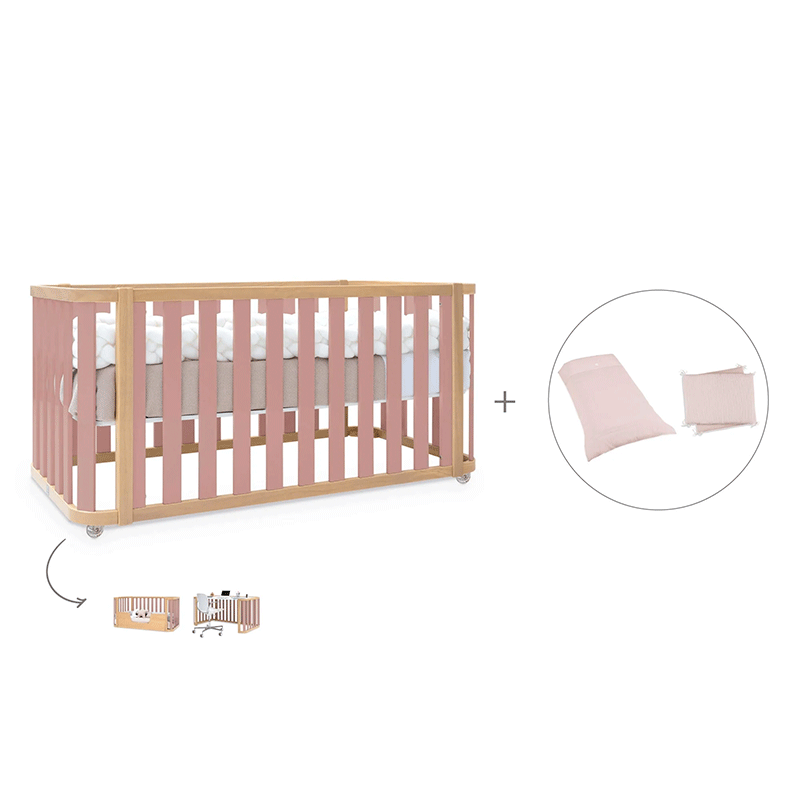 Cuna-cama-escritorio 70x140 cm (3en1) madera/rosa · Crea Plus Dos · Alondra