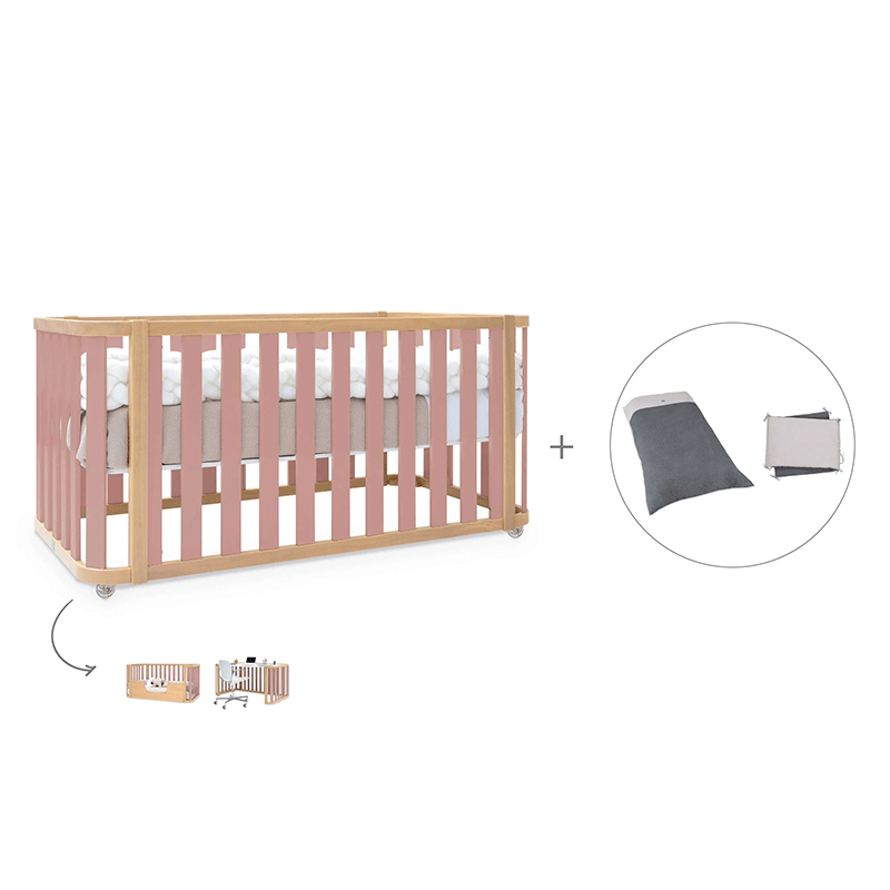 Cuna-cama-escritorio 70x140 cm (3en1) madera/rosa · Crea Plus Dos · Alondra