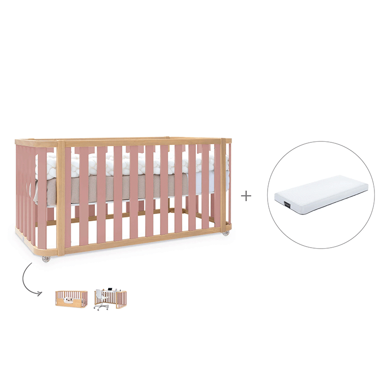 Cuna-cama-escritorio 70x140 cm (3en1) madera/rosa · Crea Plus Dos · Alondra