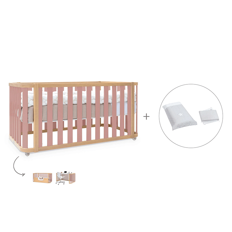 Cuna-cama-escritorio 70x140 cm (3en1) madera/rosa · Crea Plus Dos · Alondra