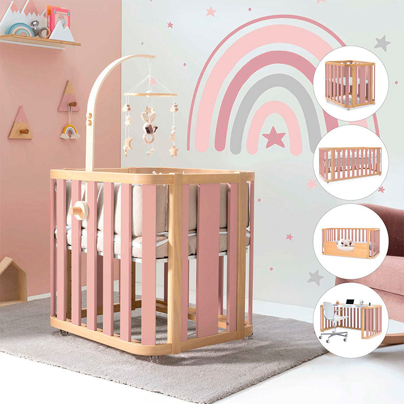 Minicuna-cuna-cama-escritorio (4en1) madera/rosa · Crea Plus Tres · Alondra