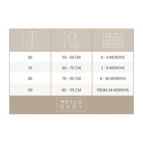 Saco de dormir Meyco Baby Forest Animals Sand TOG 2,5, 90 cm, guía de tallas.