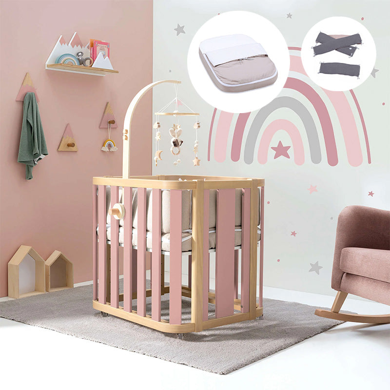 Minicuna de colecho ovalada + colchón 55x70 cm (madera/rosa) · Crea Plus Uno · Alondra