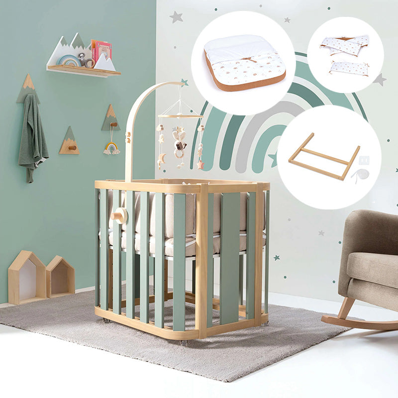 Minicuna de colecho ovalada + colchón 55x70 cm (madera/verde) · Crea Plus Uno · Alondra