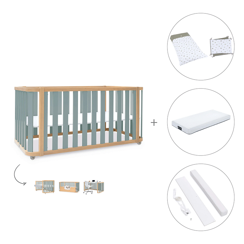 Cuna-cama-escritorio 70x140 cm (3en1) madera/verde · Crea Plus Dos · Alondra