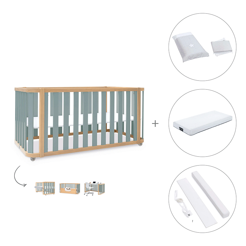 Cuna-cama-escritorio 70x140 cm (3en1) madera/verde · Crea Plus Dos · Alondra