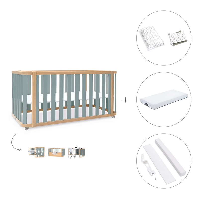 Cuna-cama-escritorio 70x140 cm (3en1) madera/verde · Crea Plus Dos · Alondra