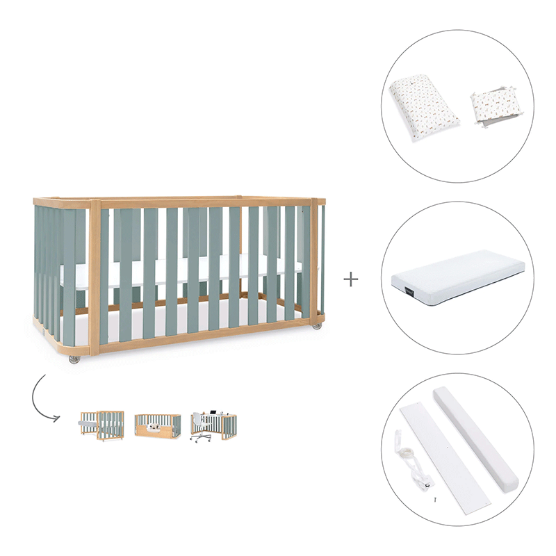 Cuna-cama-escritorio 70x140 cm (3en1) madera/verde · Crea Plus Dos · Alondra