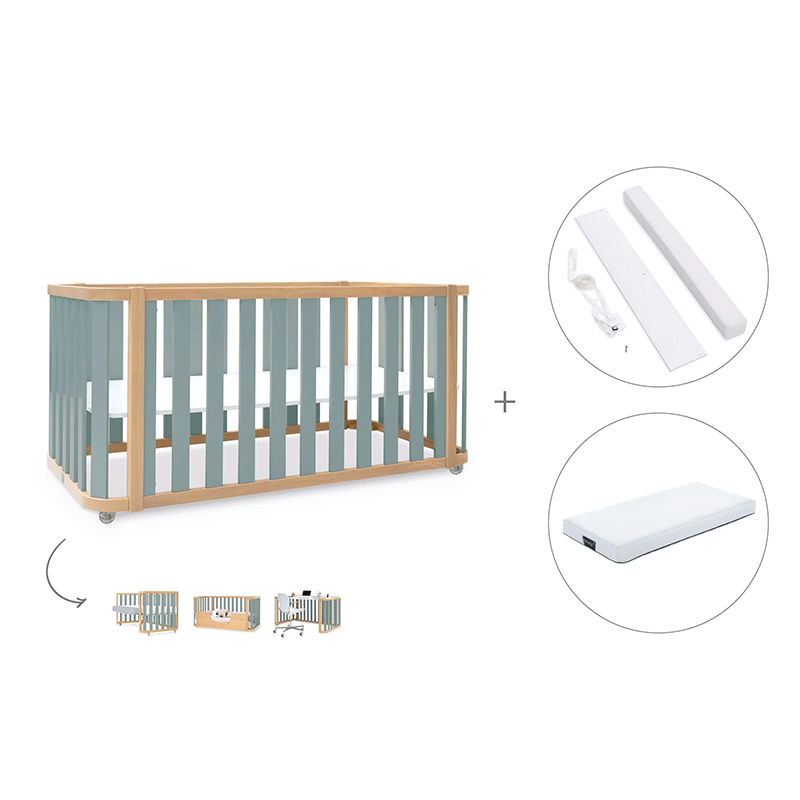 Cuna-cama-escritorio 70x140 cm (3en1) madera/verde · Crea Plus Dos · Alondra