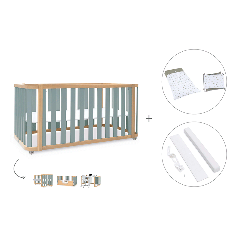 Cuna-cama-escritorio 70x140 cm (3en1) madera/verde · Crea Plus Dos · Alondra