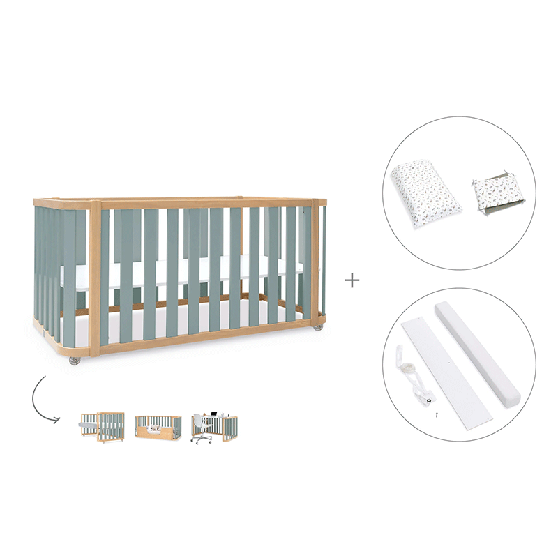 Cuna-cama-escritorio 70x140 cm (3en1) madera/verde · Crea Plus Dos · Alondra