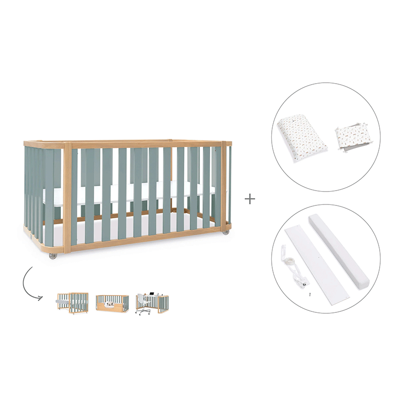 Cuna-cama-escritorio 70x140 cm (3en1) madera/verde · Crea Plus Dos · Alondra