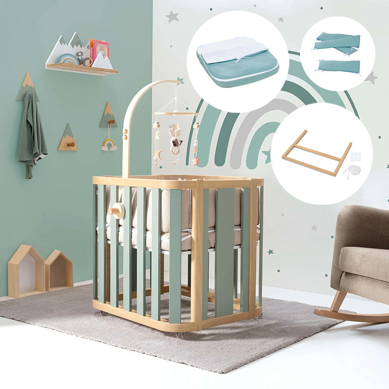 Minicuna de colecho ovalada + colchón 55x70 cm (madera/verde) · Crea Plus Uno · Alondra