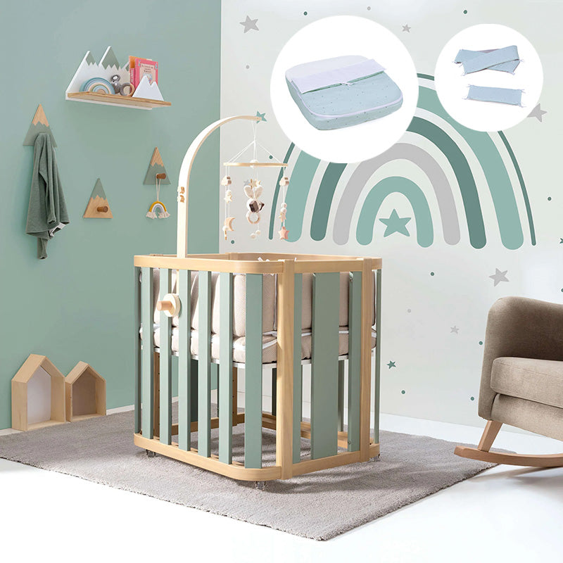 Minicuna de colecho ovalada + colchón 55x70 cm (madera/verde) · Crea Plus Uno · Alondra