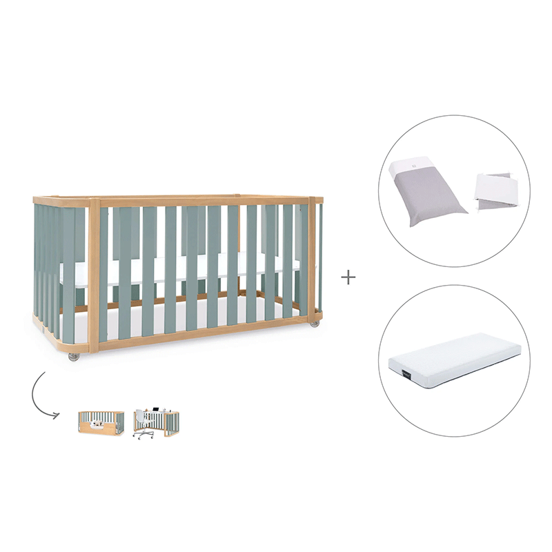 Cuna-cama-escritorio 70x140 cm (3en1) madera/verde · Crea Plus Dos · Alondra