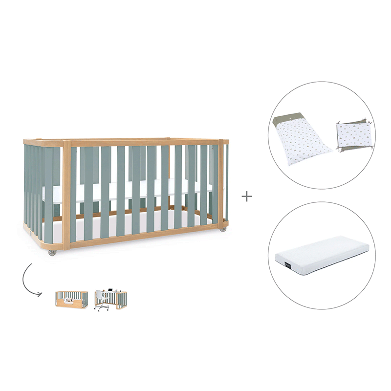 Cuna-cama-escritorio 70x140 cm (3en1) madera/verde · Crea Plus Dos · Alondra