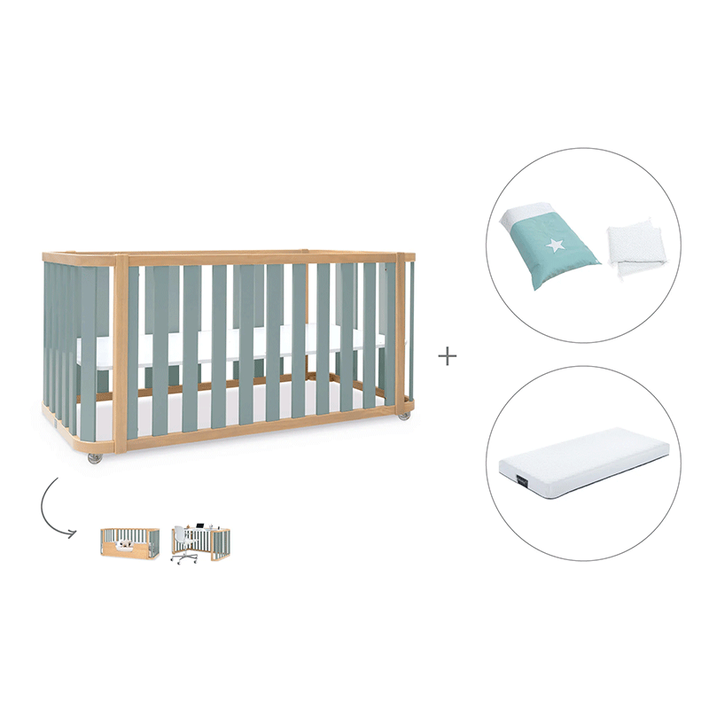 Cuna-cama-escritorio 70x140 cm (3en1) madera/verde · Crea Plus Dos · Alondra