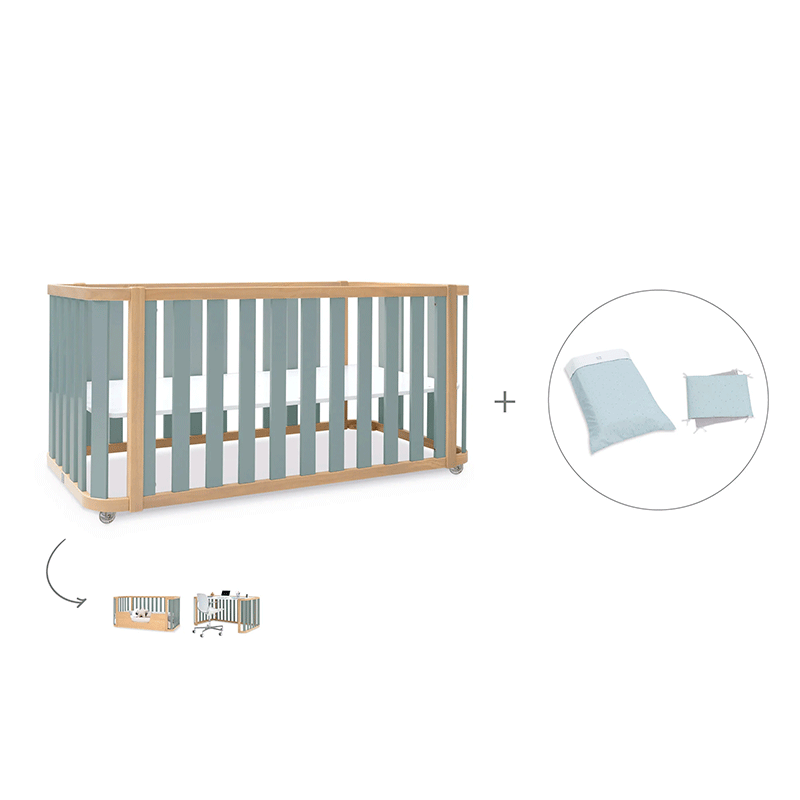 Cuna-cama-escritorio 70x140 cm (3en1) madera/verde · Crea Plus Dos · Alondra