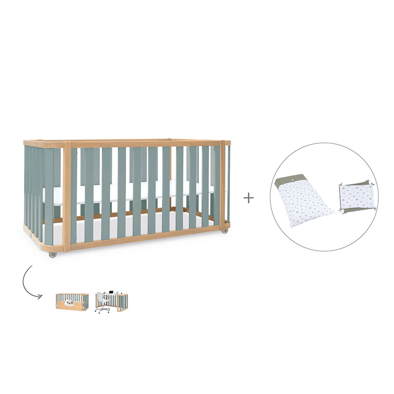 Cuna-cama-escritorio 70x140 cm (3en1) madera/verde · Crea Plus Dos · Alondra