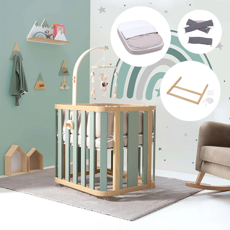 Minicuna de colecho ovalada + colchón 55x70 cm (madera/verde) · Crea Plus Uno · Alondra