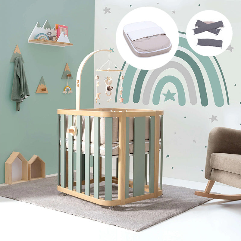 Minicuna de colecho ovalada + colchón 55x70 cm (madera/verde) · Crea Plus Uno · Alondra